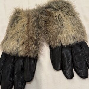 SURELL Black Genuine Leather Gloves With Faux Fur Cuffs Fleece Lined Women Sz L